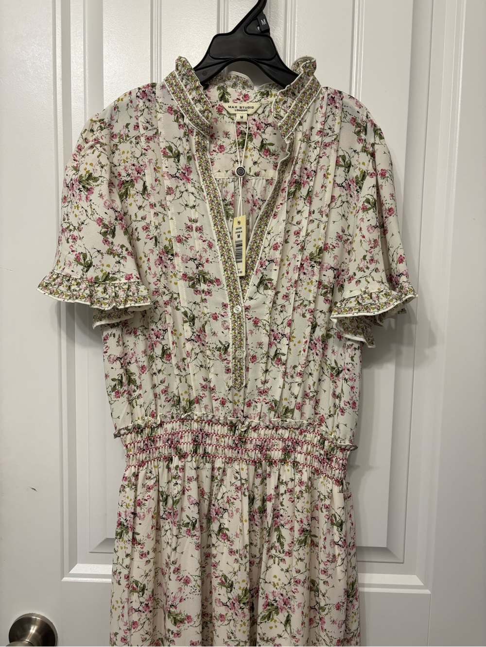 Max Studio Cream Maxi Dress with Pink and Green Floral Print